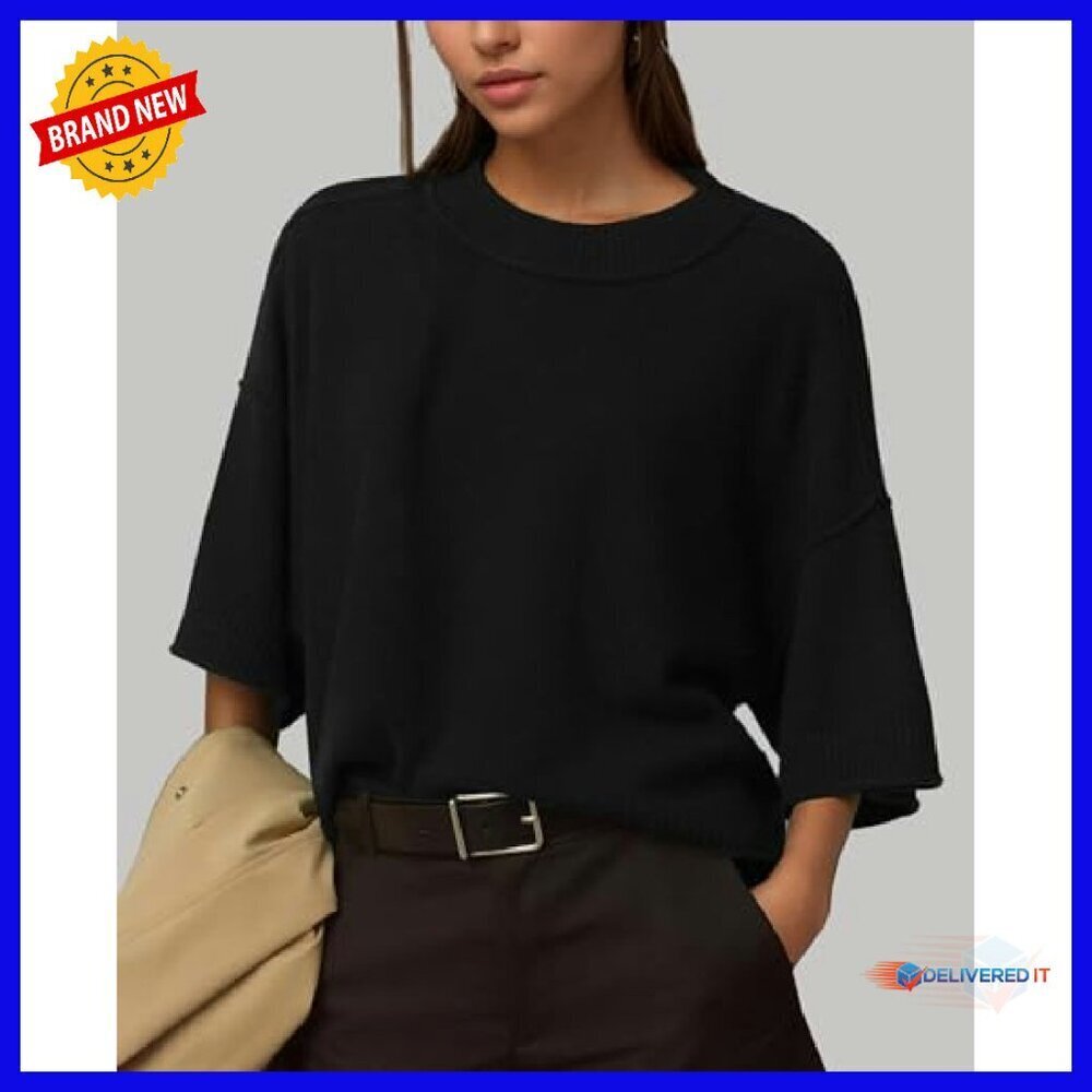 Oversized Cropped Pullover 3/4 Sleeve Lightweight Knit Summer Top - Picture 3 of 8